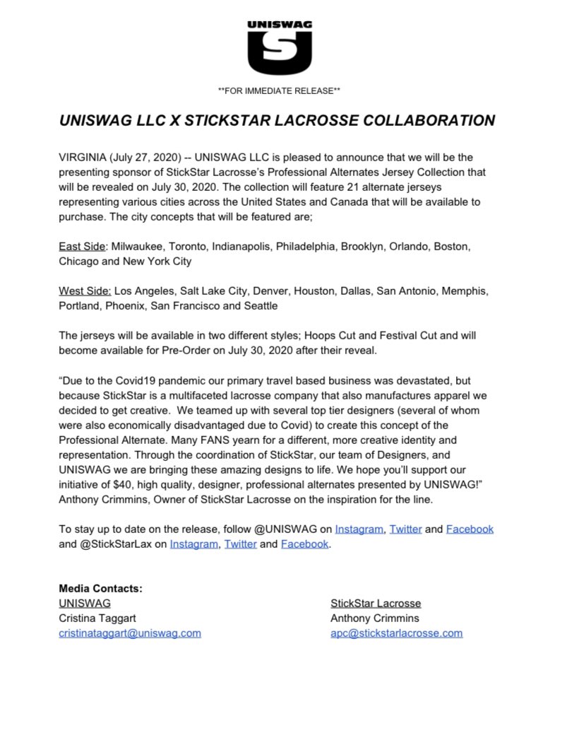 StickStarLax's tweet photo. This is a significant national apparel deal for Us. We have had to get creative w/ Covid. We hope our Family, Friends, the local / national lax community, &amp; the N. TX Sports community will rally behind us. A unique project &amp; product. The #ProfessionalAlternate launching 7/30. https://t.co/rX436tLeNa