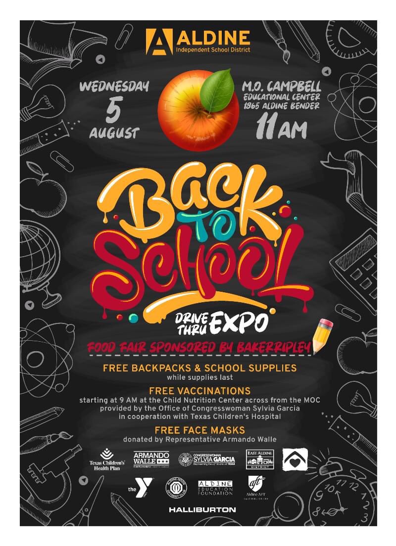 Aldine ISD is hosting its 5th annual Back-to-School Expo. This FREE event is open to families with children in grades Pre-K- 12 at 11 am on Wed., Aug. 5 at the M.O. Campbell Educational Center, while supplies last. ow.ly/gqLn50AJzT5 @BenIbarraCTE @BlansonCTELmc