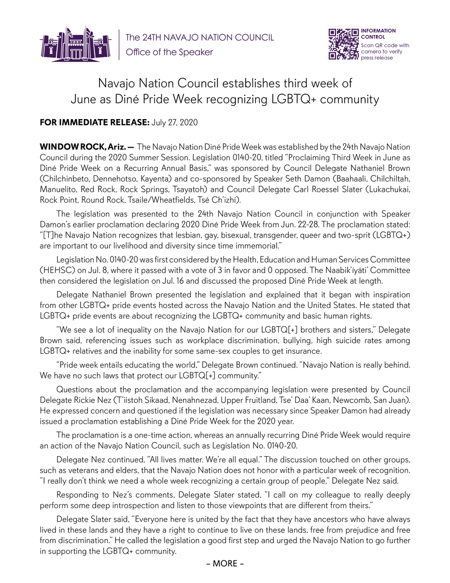 NavajoCouncil's tweet photo. PRESS RELEASE: Navajo Nation Council establishes third week ofJune as Diné Pride Week recognizing LGBTQ+ community - https://t.co/to6wzmfb09 https://t.co/xIMWkQKj29