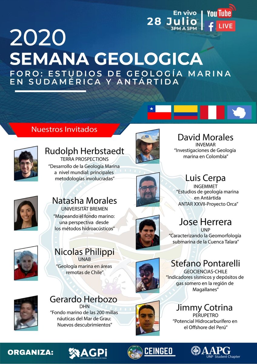 invemarcolombia's tweet photo. #Agéndate | Mañana 28 de Julio de 3-5 pm, David Morales del #ProgramaGEO estará en el #Foro Estudios de Geología Marina en Sudamérica y Antártida. #FBLive #YoutubeLive | Organizan: @Aapgudobol #AGPI #CEINGEO https://t.co/BmMPyujgn9