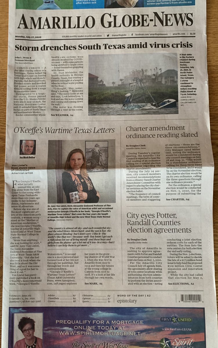 avonlint's tweet photo. Front page news today. Excited and grateful for this attention on my book. Launching a book during Covid is not easy or awesome. But @TAMUPress has been dedicated and hasn’t given up! @amarilloglobe https://t.co/1WgDslq1Ls