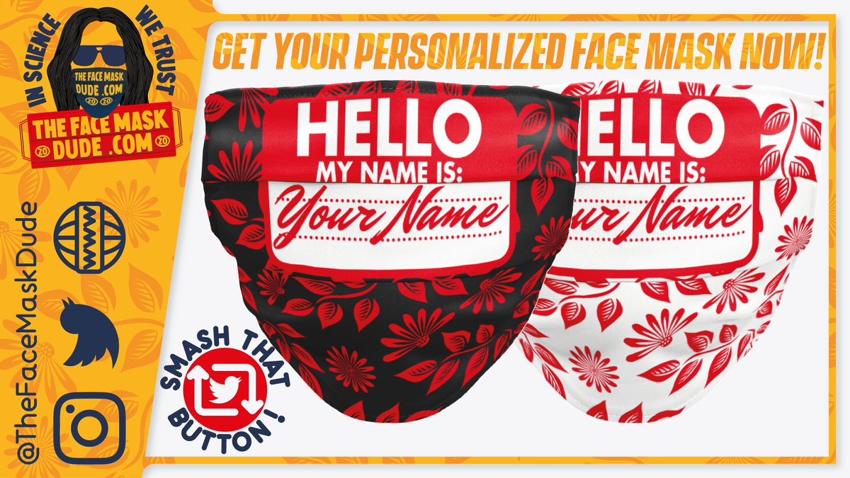 TheFaceMaskDude's tweet photo. Hey there! When wearing a face mask friends may not recognize you🤔
 I've got you covered 😉
 Check my newest idea 🧠: NameTagMask😂
Comment (or pm) with your name and i will reply to you with your personalized face mask😊
Retweet or tag a friend who may need one😀
#WearAMask https://t.co/K5T1hKUwWX