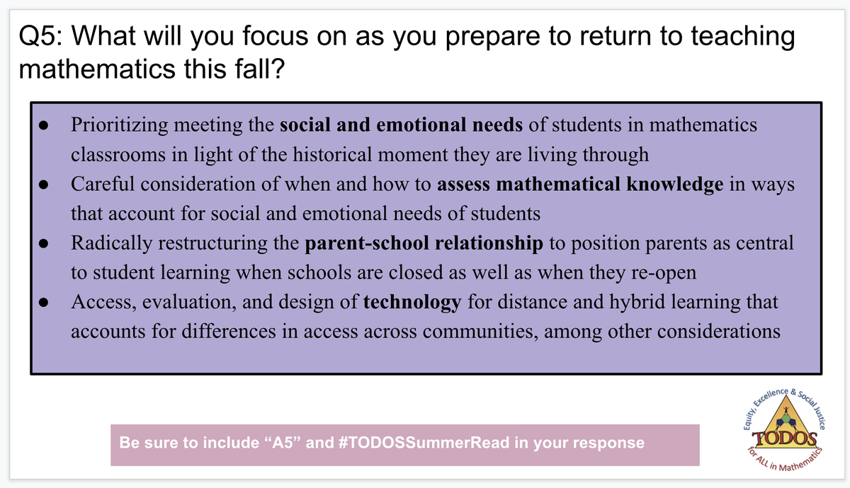 amcan36's tweet image. Q5: What will you focus on as you prepare to return to teaching mathematics this fall? Be sure to include “A5” and #TODOSSummerRead in your response