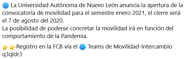 🔵 Aviso de la Convocatoria de Movilidad 

👉👉Registro en la FCB vía el Teams de Movilidad-Intercambio q3qldr3