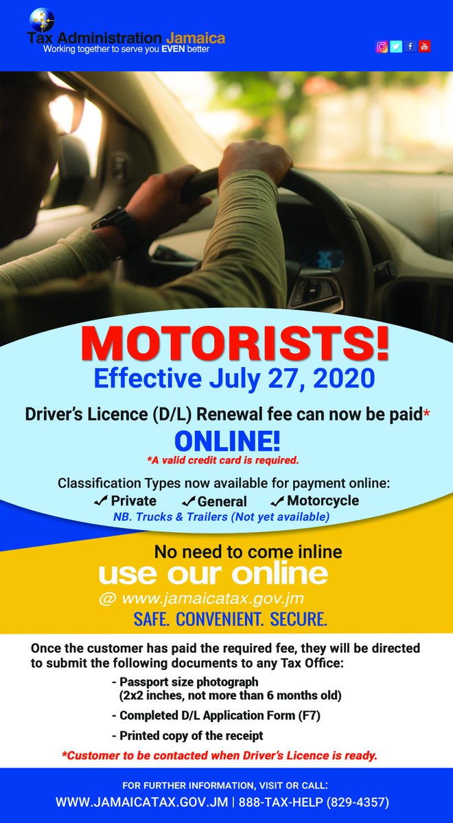 JamaicaTax's tweet photo. MOTORIST!!! #DriversLicenceRenewal fee can now be paid online 24/7, anywhere, any device. Get the details https://t.co/60KQopyAUq or call 888-829-4357. #ClickAButtonConvenience @MOFJamaica @NigelClarkeJa @CallJAA @mibjamaica @Petchary @Chunchi @patrioticjam @JamaicaConstab https://t.co/ys0IErwjGP