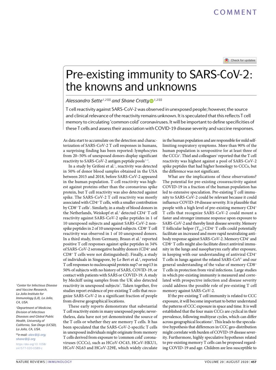 2. Cross immunity from prior corona virus infections: We thought everyone is susceptible coz its a new virus. A naive interpretation that didn’t recognize how promiscuous immune responses can be. T cells reactive to SARS CoV-2 have been found in persons never exposed to COVID2/