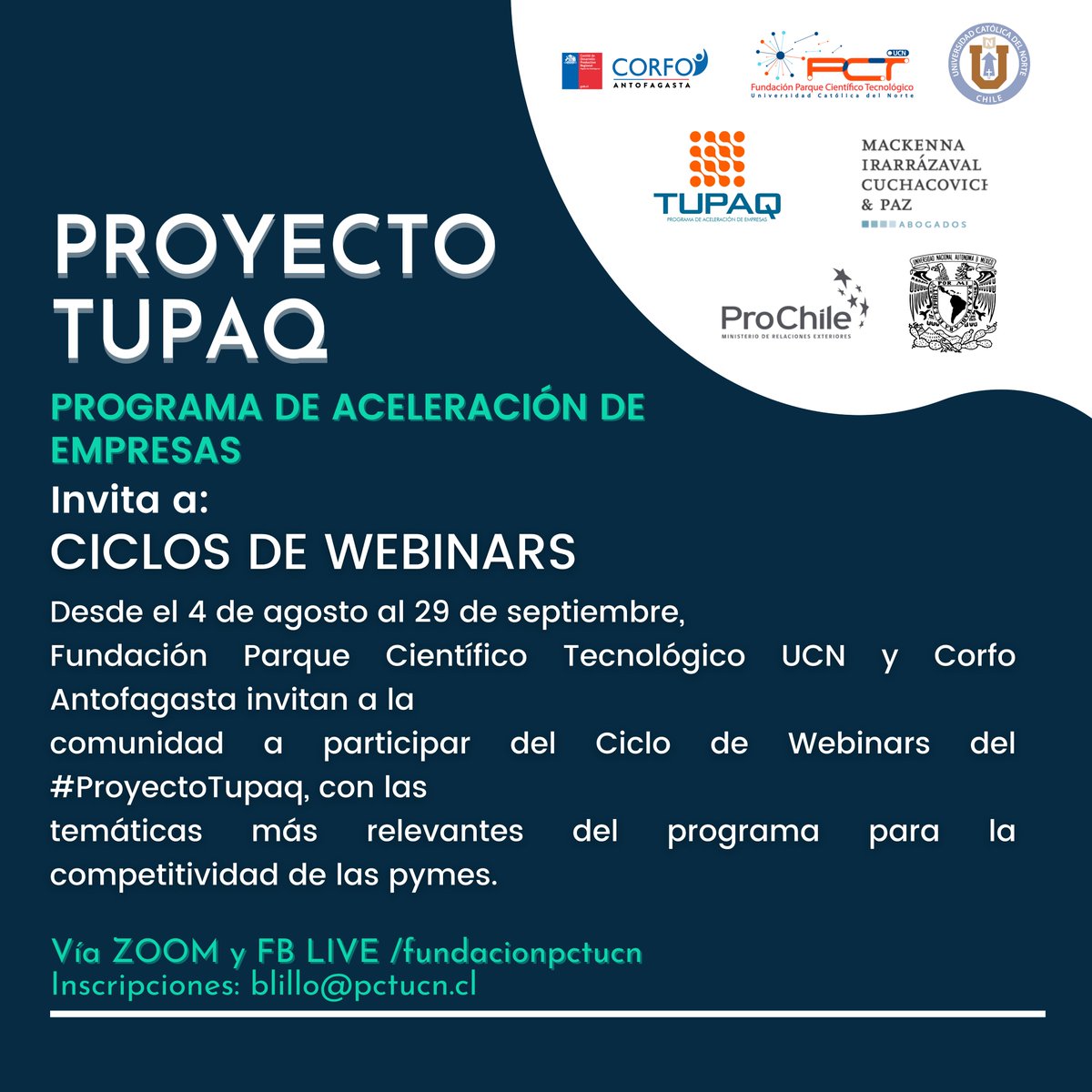 PCT_UCN's tweet image. 🆕Este 4 de agosto a las 16:00 hrs vía Zoom inicia el Ciclo de #Webinars del #ProyectoTupaq iniciativa impulsada por @PCT_UCN y @CorfoAntofa con
"Transformación Digital y Gobierno de las Tecnologías de la Información en la Empresa" Inscripciones docs.google.com/forms/d/1VqdxT…