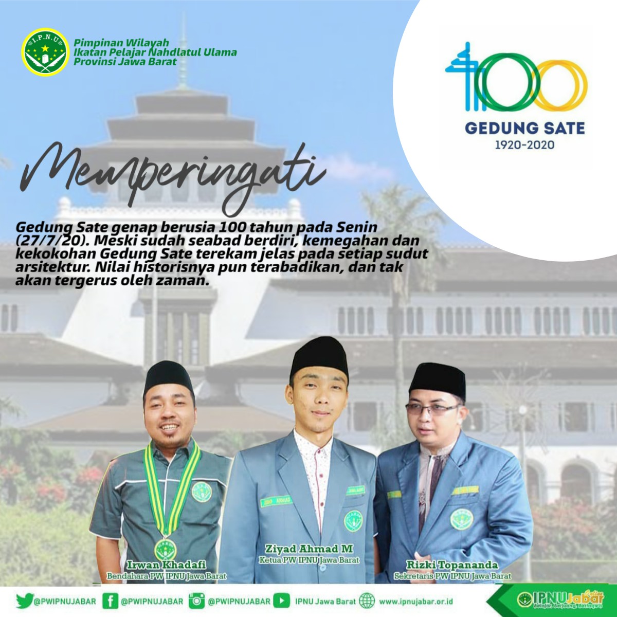 Dirgahayu Gedung Sate ke 100 tahun. Semoga kemegahan dan kedigdayaan Gedung Sate yg mampu mengarungi berbagai rintangan alam dan cuaca menjadi cerminan kehebatan masyarakat dan pemimpinnya dlm menghadapi tantangan.
#gedungsate 
#ipnujabar 
#ipnukerjabareng