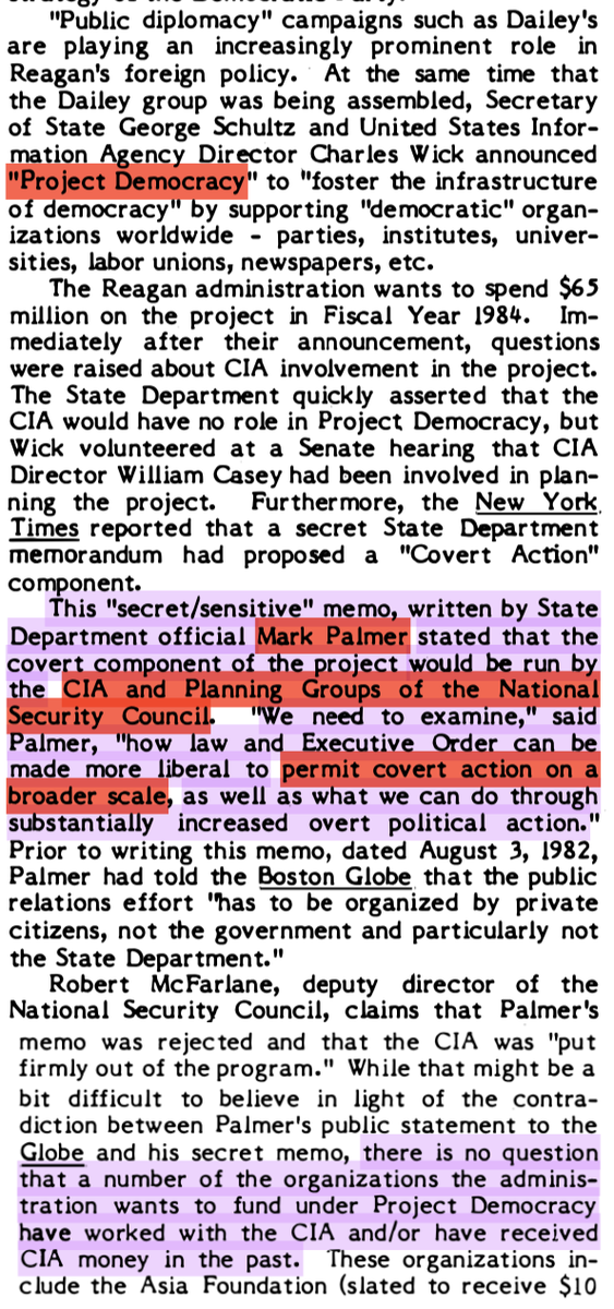 Project Truth was Project Democracy's predecessor, established by the infamous NSDD 77 of which Palmer was a leading architect. NSDD 77 "laid out a comprehensive framework for ... psychological warfare." Also established NED (Palmer was a co-founder). https://consortiumnews.com/2017/03/25/how-us-flooded-the-world-with-psyops/