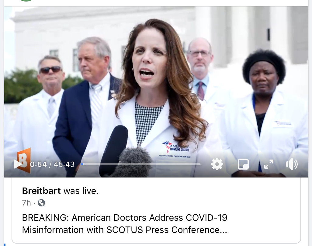 That Breitbart video from the doctors claiming that Hydroxychloroquine cures the coronavirus has been going crazy in anti-vax, anti-mask, reopen Facebook Groups today. Its at >20 mil views on FB. And that doesn't include all the private groups it's been spreading through.