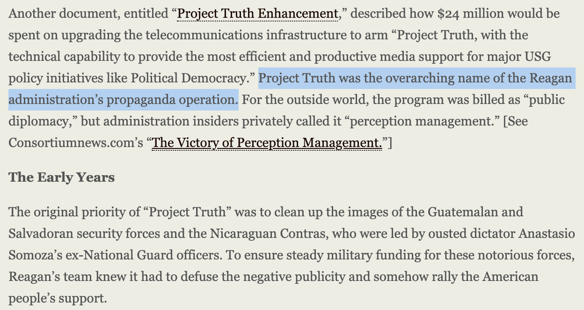 Project Truth was Project Democracy's predecessor, established by the infamous NSDD 77 of which Palmer was a leading architect. NSDD 77 "laid out a comprehensive framework for ... psychological warfare." Also established NED (Palmer was a co-founder). https://consortiumnews.com/2017/03/25/how-us-flooded-the-world-with-psyops/