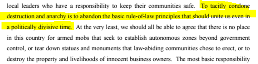 "To tacitly condone destruction and anarchy is to abandon the basic rule-of-law principles that should unite us even in a politically divisive time." AG Barr