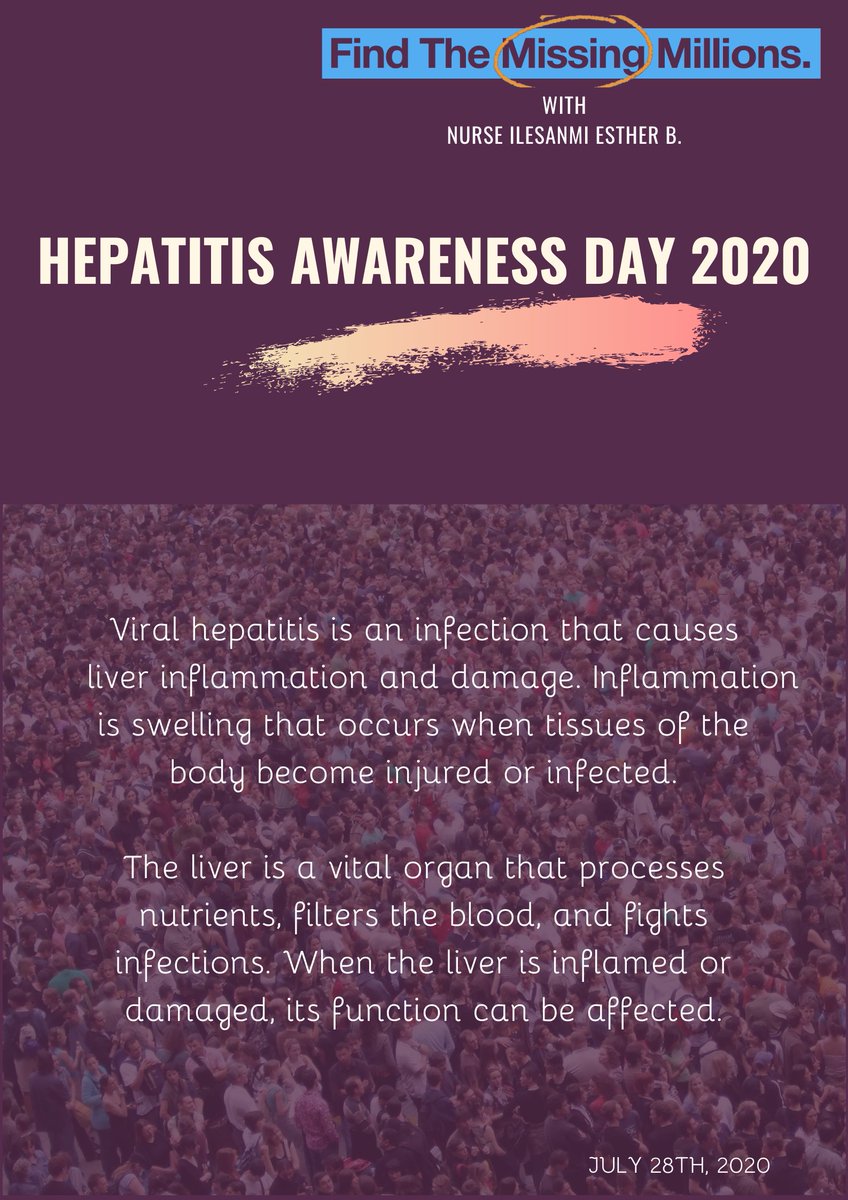 OlajuyinE's tweet photo. WORLD HEPATITIS DAY!!!!
According to the World Health Organization (WHO), 325 million people around the world have chronic hepatitis B (HBV) or hepatitis C (HCV). This figure is expected to increase greatly especially in African if preventive measures are not taking https://t.co/2QWAlsEtKm