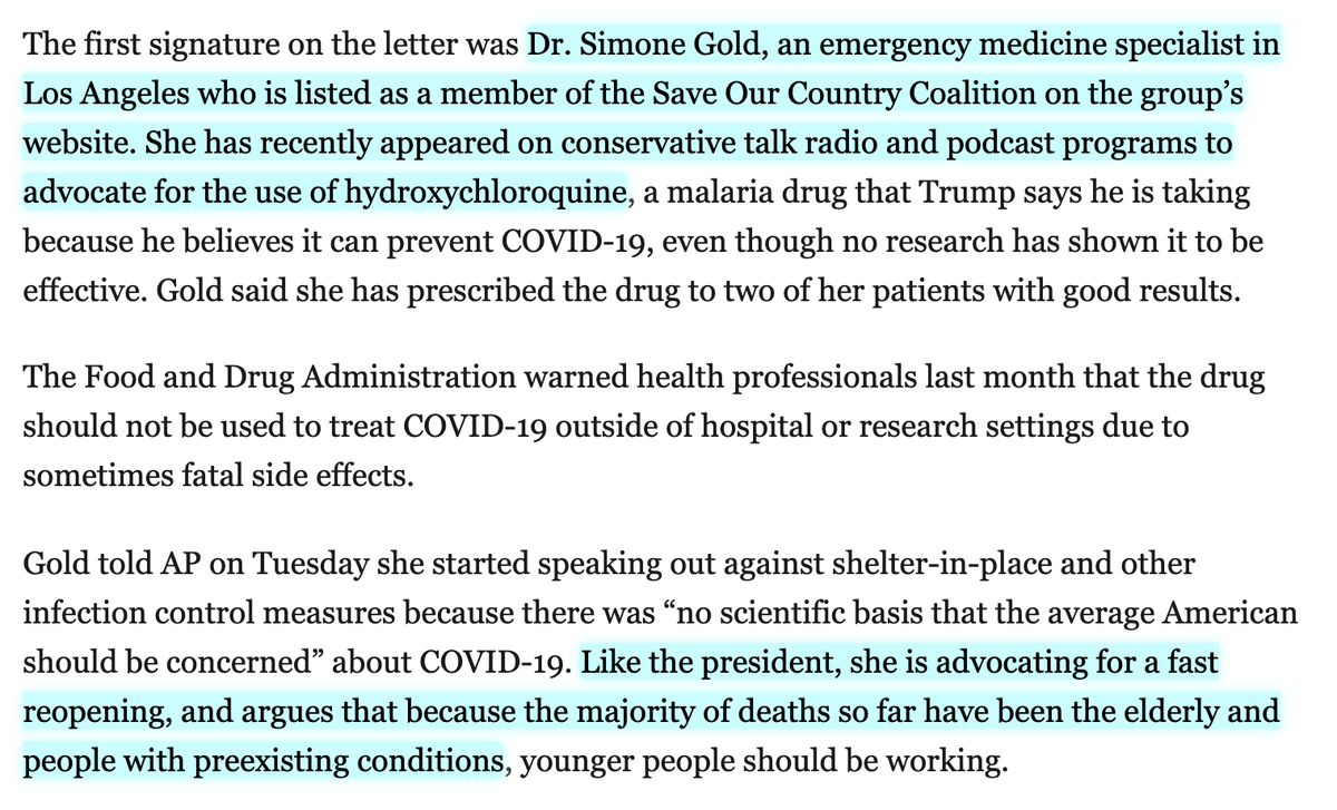 The leader, Dr. Simone Gold, is a pro-Trump doctor who has been embraced by Republican political operatives who admit to recruiting doctors to go on TV and radio to counter public health officials and defend Trump’s reopening push.  https://chicago.suntimes.com/coronavirus/2020/5/19/21264399/pro-trump-doctors-reopening-economy-coronavirus