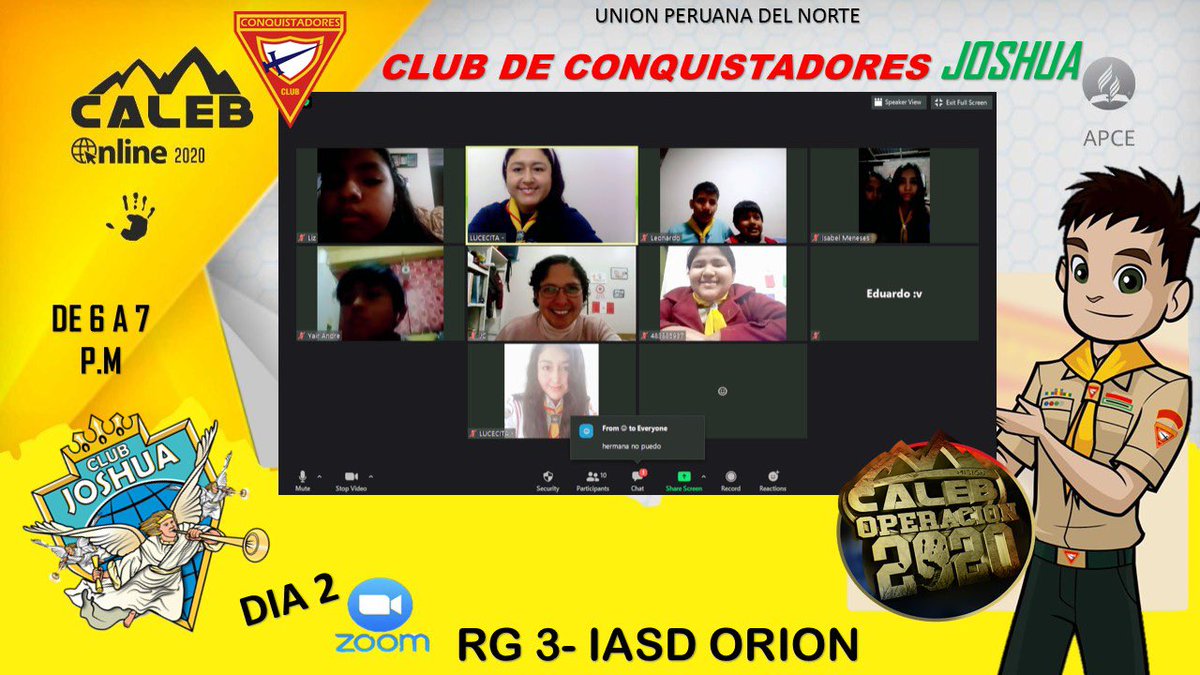 AdventistasAPCE's tweet photo. Los clubs de conquistadores de nuestro campo misionero #APCE  participando de esta segunda noche #CalebOnlineUPN llevando #UnaVozDeEsperanza a todos sus amigos invitados 🖐 https://t.co/l5DXLp0ZIJ