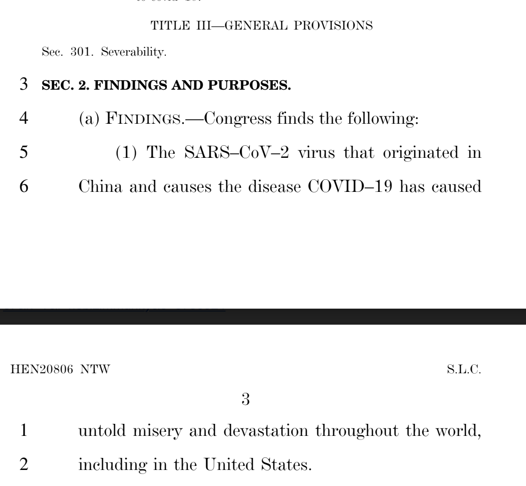 First, this bill really, really wants you to know that "SARS-CoV-2" "originated in China" –– because racism.