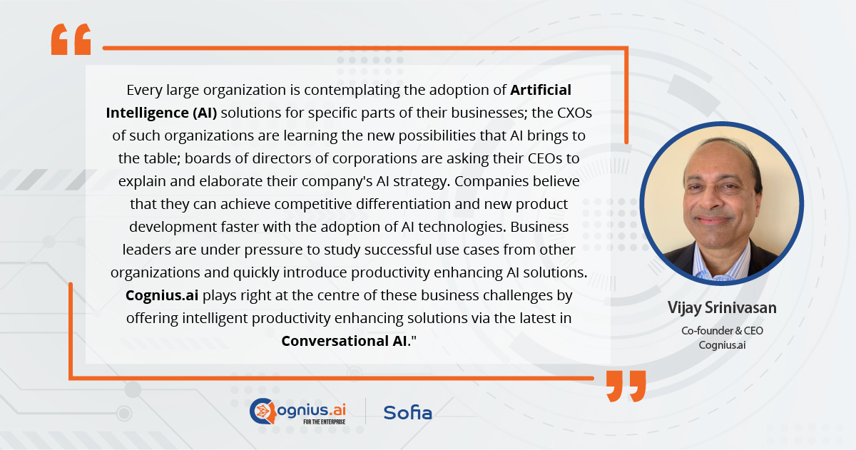 Cognius_ai's tweet photo. Read what https://t.co/YZpdsldhLE's founder &amp; CEO Mr.Vijay Srinivasan has to say about #ConversationalAI &amp; how its becoming an integral part of enterprise #transformation strategies. 
Learn more about https://t.co/YZpdsldhLE: https://t.co/1LM7yyoJLF

#AI #digitaltransformation https://t.co/9cNxm0MsWV