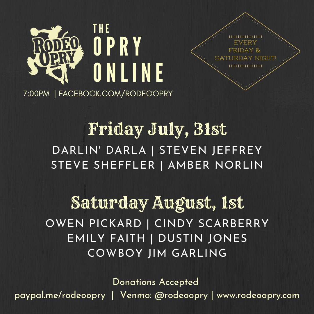 OklahomaOpry's tweet photo. We have some more great music this weekend coming at ya from a socially safe distance! Set a reminder to join us for the #Opryonline!
.
#rodeoopry #livemusic #okc #SaveOurStages https://t.co/yqZ7eEfiB9