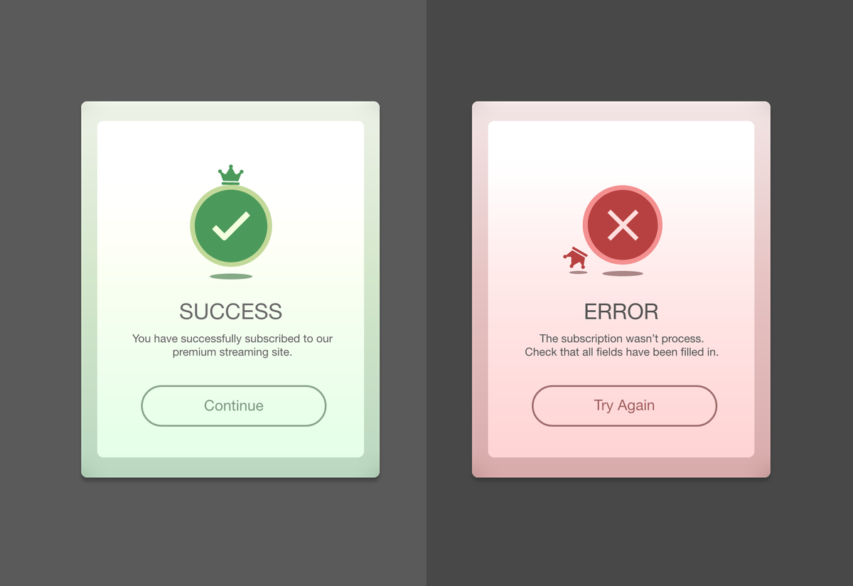 angelika_kot's tweet photo. Tried working with subtle tones for these flash messages.
Tools: Adobe XD
Hope you enjoy:)
Cheers!
#dailyui #challenge #flashmessages #success #error #uxui #uxdesign #uidesign #prototype #adobexd #xd https://t.co/uJ4YOeOQd2