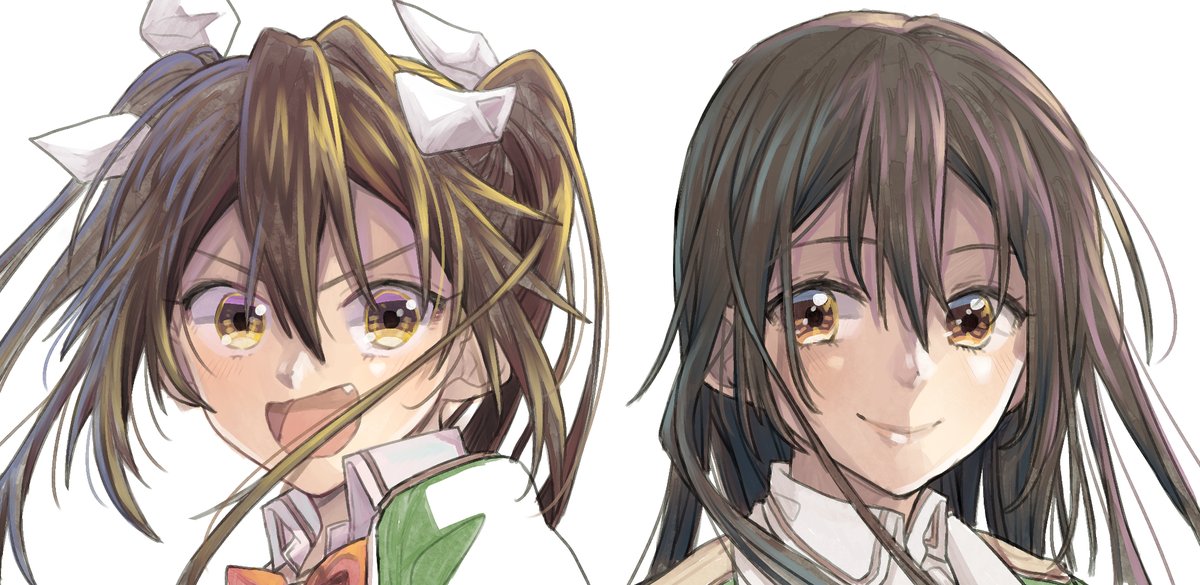 chikuma (kancolle) ,tone (kancolle) multiple girls 2girls brown hair twintails long hair smile brown eyes  illustration images