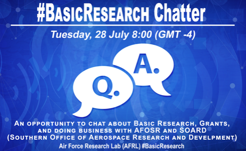 AFOSR's tweet photo. Welcome to our #BasicResearch Chatter hour! Today, we're highlighting our Southern Office of Aerospace Research and Development— most commonly referred to as SOARD.

Have Questions? Reply or include #AskAFOSR in your tweet. @AFResearchLab #AFOSR_IO https://t.co/NPv4JmAhVy