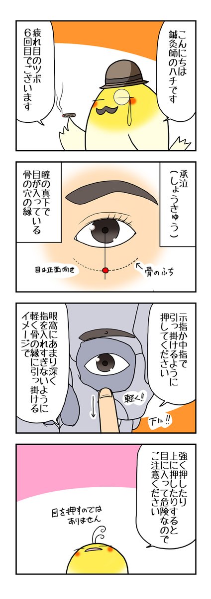 ハチ 疲れ目のツボ押し第6回です 頭蓋骨が出てきますので 苦手な方はご注意下さい 承泣を押す時は 必ず眼窩 目玉が入る穴 の際を下方向に引っ掛けるように押してください 目玉は絶対に押さないでくださいね ツボ押し 疲れ目 東洋医学 ハチ 疲れ目のツボ押し第6回です 頭蓋骨が出てきますので 苦手な方はご注意下さい 承泣を押す時は 必ず眼窩 目玉が入る穴 の際を下方向に引っ掛けるように押してください 目玉は絶対に押さないでくださいね ツボ押し 疲れ目 東洋医学