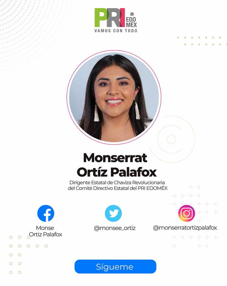 🧬En su ADN corre sangre 💯% priista y Chivista, ambas representan la lealtad y trabajo en equipo
✅ Apasionada del servicio público y la política al servicio de los mexiquenses
🔺 Dirige <a href="/ChavizaEdomex/">Chaviza Revolucionaria EdoMéx 2019-2022</a> y lo hace #PorElPuroGusto de impulsar a los jóvenes
👩🏽 es <a href="/monsee_ortiz/">Monse Ortiz Palafox</a>