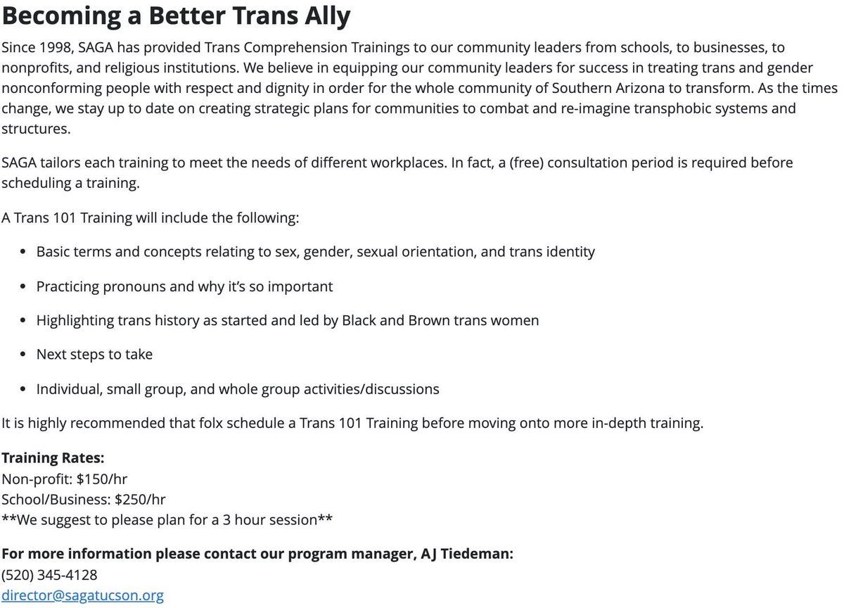 SAGATucson's tweet photo. Are you an organization in Arizona who is interested in being an ally to trans folks? Hire us for a trans 101 training! We provide in depth training on how to protect and support trans lives. For more information contact our program manager AJ https://t.co/pROsGnyw4H