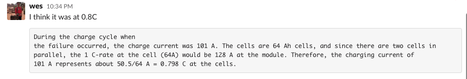  @wesleykchang points out charge cycles at 0.8C, not 0.3C. So shameless plug d) longer duration systems that require lower power density _might_ lead to safer systems, if proper headroom on power is kept. Still, 0.8C at ~25˚C should not lead to this much Li n+1/n.