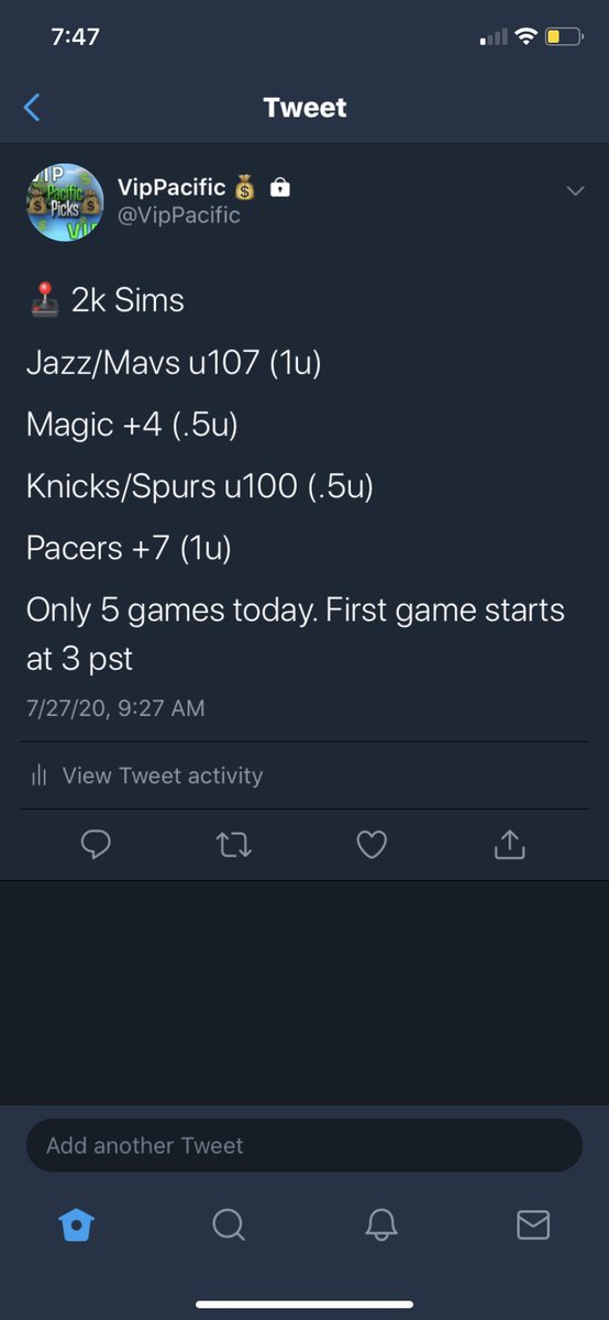 PacificPicks's tweet photo. 🕹 2k Sims 7/27 Recap

2-2 +1u

Jazz/Mavs u107 (1u) ✅

Magic +4 (.5u) 🚫

Knicks/Spurs u100 (.5u) 🚫

Pacers +7 (1u) ✅

#2kbetting #2kpicks #simbetting #simbets #2kbets #gamblingadvice #GamblingTwitter https://t.co/sqNIjZH6mo