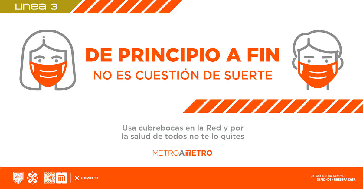 MetroCDMX's tweet photo. Usa cubrebocas en la Red de principio a fin durante tus traslados y por la salud de todos no te lo quites. ¡Elige protegerte, no es cuestión de suerte! #PrevenirEsProteger https://t.co/1ljKiQV7MT