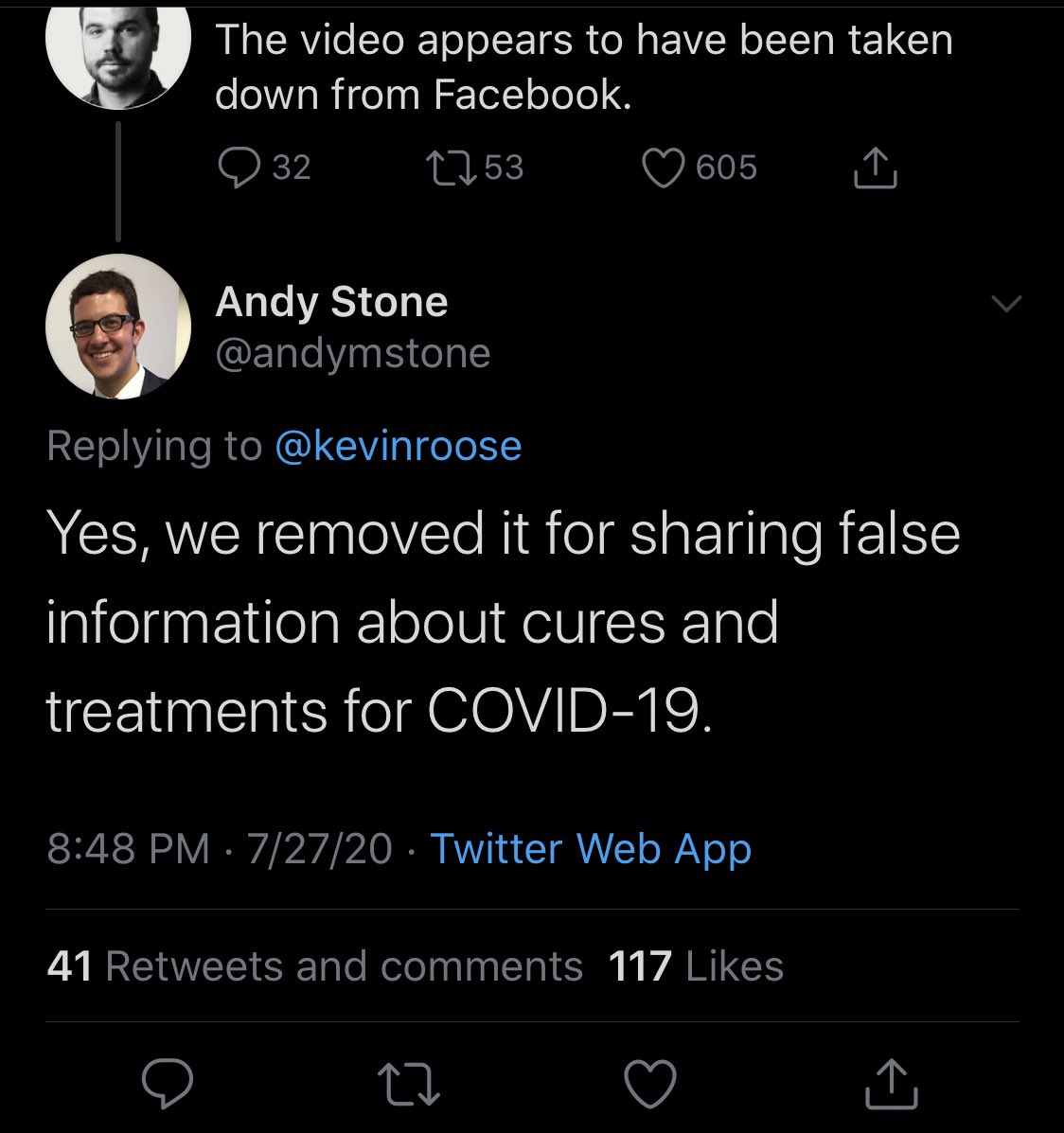 Here’s the guys involved. I just have to ask.  @andymstone, what business does Facebook have overruling the medical expertise of licensed doctors who’ve seen hydroxychloroquine work in patients and in studies? Is Facebook unilaterally deciding what science or medicine is accurate?