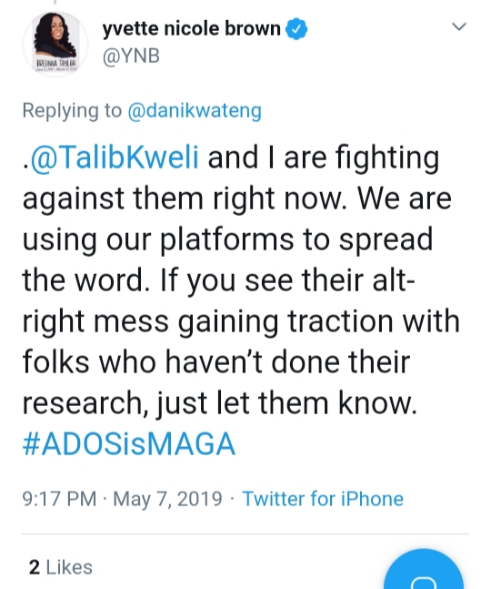 #1Yvette Nicole BrownCelebrityYvette Nicole Brown is Talib Kweli's most consistent ally against Yvette Carnell and an early adopter of his hateful ( #ados is trash) hashtag.Offending Tweets https://twitter.com/YNB/status/1121060442019745803?s=20Offending Tweets https://twitter.com/YNB/status/1125947916038725632?s=20