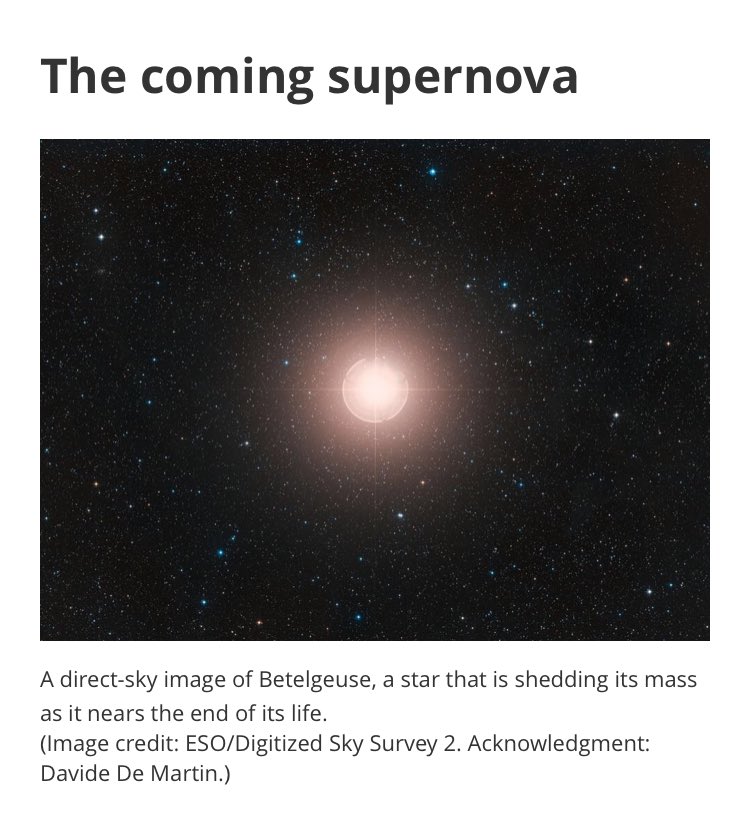 super giant could explode into a  #Supernova between anytime now and the next 100,000 years. Which is relatively soon, in astronomical terms. But, maybe Betelgeuse has already exploded and we have not yet seen it happen. It takes light from this star about 600 years to reach us !