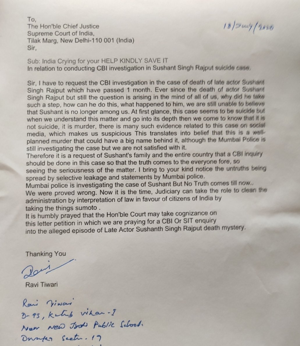 MahatSwarup's tweet photo. A Letter written by @iRaviTiwari to the Home Minister For CBI investigation and justice in Sushant's MURDER.🙏🙏
Thank you @iRaviTiwari sir
@Republic_Bharat
#ArrestCulpritsOfSSR
#AresstCulpritsOfSSR
@ndtvindia @ABPNews @cnnbrk https://t.co/M30LOuUqac