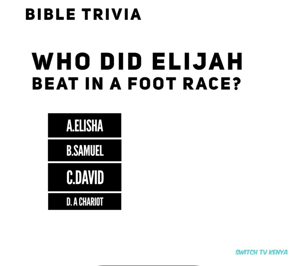 switchtvkenya's tweet photo. How well do we know the Bible?
Tell us, Who did Elijah beat in a foot race ?
#sundayworship #Bibletrivia #keepingitswitch https://t.co/WdxjhuGaDx