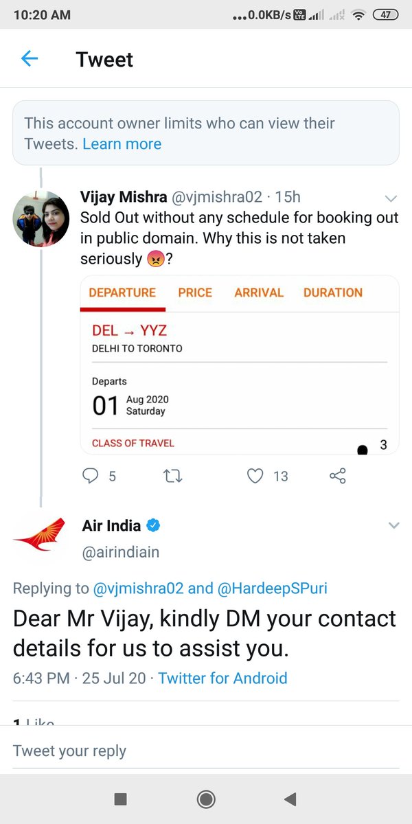 vjmishra02's tweet photo. @HardeepSPuri * I raised tickets 'Sold Out' issue.
* @HardeepSPuri  asked @airindiain  to check this.
* AI asked me to DM my contact details. I gave.
* AI said our team will reach u shortly.
* Puri sir blocked me.
* Noone frm AI contacted me yet.
On papr evrythng looks gud.But diff. on ground. https://t.co/030sNXRFKv