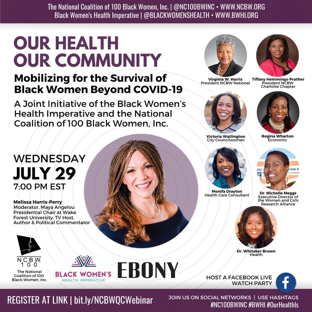 nc100bwinc's tweet photo. Our Health, Our Community webinar series continues and features this group of brilliant, dynamic Black women leaders!

RSVP today: https://t.co/nuKdHXDifM

#NC100BWINC #BWHI #OurHealthIs #NCBWQueenCityMetro https://t.co/r2m0d9HS4t