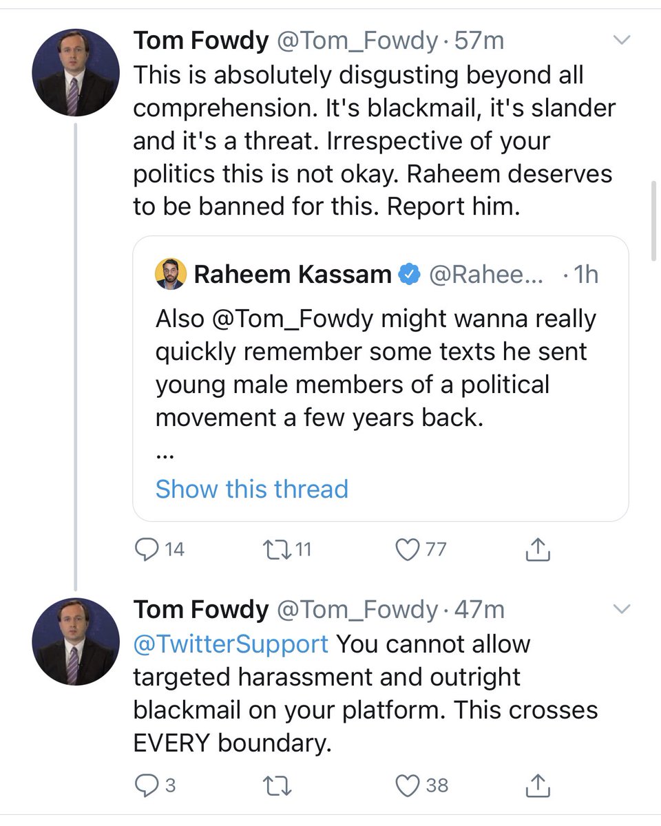 Now  @tom_fowdy is encouraging his followers to mass report me because I have let people know about a news story that involves him (records were kept) as a public figure. He was a candidate for elected office and is now a CCP columnist but he demands anonymity!