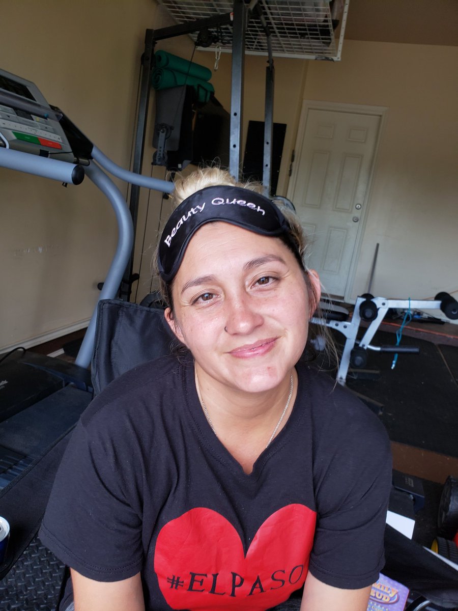 CShell909's tweet photo. Yes, I'm sitting down in my home gym with an eye mask on. I may OR may not be having HH in the garage. #frontyardbbq #irony #workoutprocrastinator #workoutmañana #QuarantineLife #backinthegym #winkwink https://t.co/ENCXO4PVzW