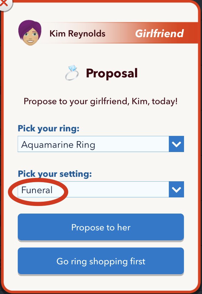 _BLTC_'s tweet photo. Not sure my daughters funeral is the best place to propose.... 🤔
@BitLife Check this out 😂👀
#BitLife #_BLTC_ https://t.co/xHiGVHT98h