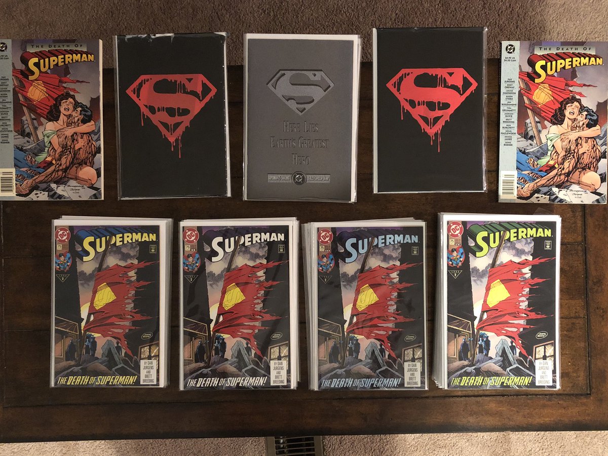 FanBoyAtLarge's tweet photo. Any day now......I’ll be set for life!!!!!
#Superman75 
6 1st prints 
8 2nd prints 
7 3rd prints 
16 4th prints 
2 black bag memorial 
3 unbagged memorial 
2 1st print TPB 
@thedanjurgens @JerryOrdway @LouiseSimonson2 @JonBogdanove 
And the rest of the all stars https://t.co/7IVV3Zg4Cf