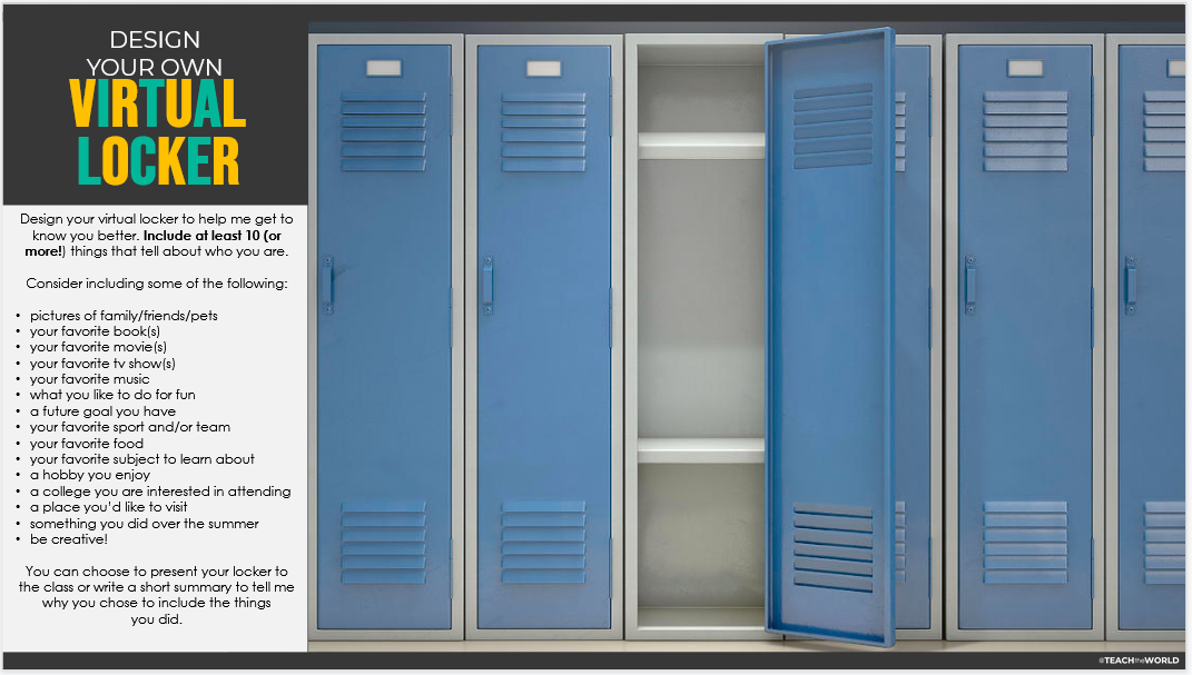 onezestyteacher's tweet photo. Here's another good virtual community builder! Students design their own locker/cubby to tell more about them. I can't claim credit for this - please help me find the original creator! #communitybuilding #virtuallearning #distancelearning #googleslides
https://t.co/nM5f8KJPt6 https://t.co/apsU2GR39R