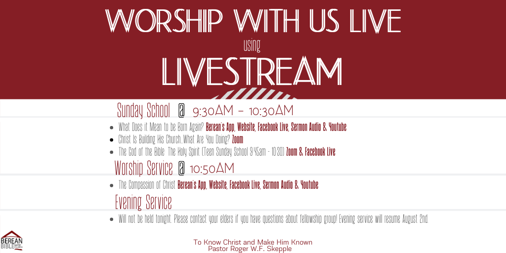 BBBCATL's tweet photo. Tomorrow's worship services begin with 3 Sunday School classes taught by Elder Simmons, Elder McCurdy and Brother Robinson, followed by morning worship service. Elder Grant will preach, "The Compassion of Christ," focusing on Matthew 9:35-10:1. Evening Service resumes Aug. 2nd. https://t.co/6fP33rrx2z