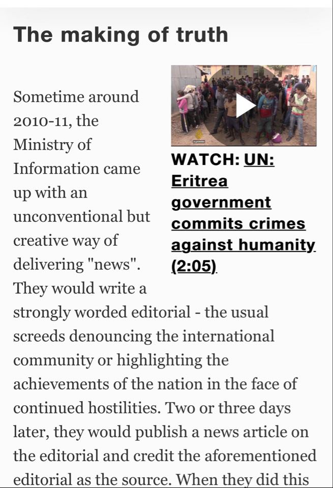 3.The state media, where news was manufactured from editorials, serves as a role model.  https://www.aljazeera.com/indepth/opinion/2017/07/eritrea-anecdotes-indefinite-anarchy-170705064408749.html.Slogans take a substantial proportion of the gov. media & later help in formulating opinions; soon to be passed as facts.  #OpinionMatters  #Eritrea