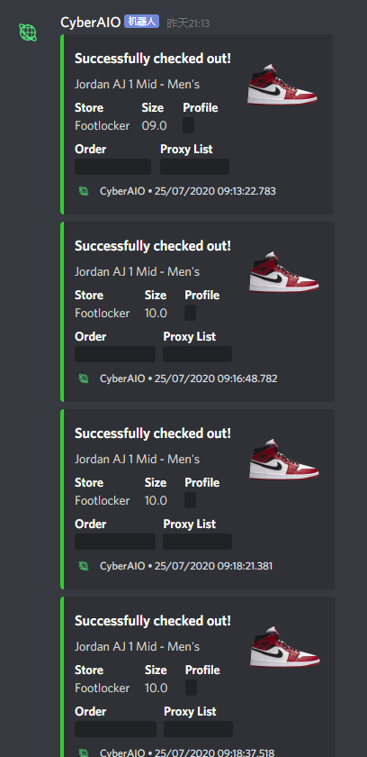 Amazing day,没想到会cop，off-white就开了10来个任务，不知不觉突然结了两个，到现在还没砍，应该不会砍了吧哈哈
Bot: @cyberaiosuccess Cybersole
Group: <a href="/GLORYNOTIFY/">GLORY NOTIFY</a> @TrexCN 
proxy: <a href="/PeachyAIO/">Peachy AIO 🍑🌐</a>