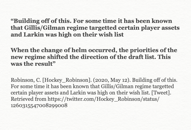 (2/7) In 2014, Vancouver held the 6th overall pick. Management shifted focus from Dylan Larkin to Jake Virtanen per  @JDylanBurke and  @Hockey_Robinson. Jake was considered a questionable pick at the time.