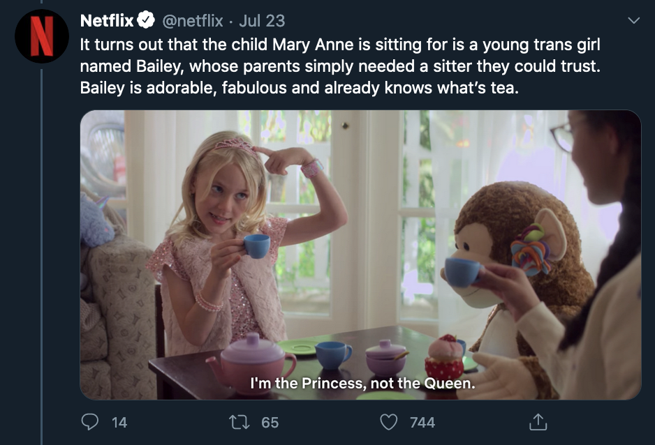 This is a show about and marketed to preteen girls (i.e. children).An octoroon smugly femsplains trans kids and morally browbeats the main character, explaining that she knows all of this stuff because she's "from California". Revealing.