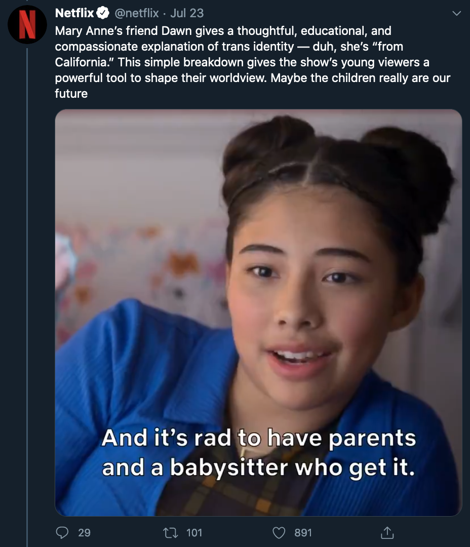 This is a show about and marketed to preteen girls (i.e. children).An octoroon smugly femsplains trans kids and morally browbeats the main character, explaining that she knows all of this stuff because she's "from California". Revealing.