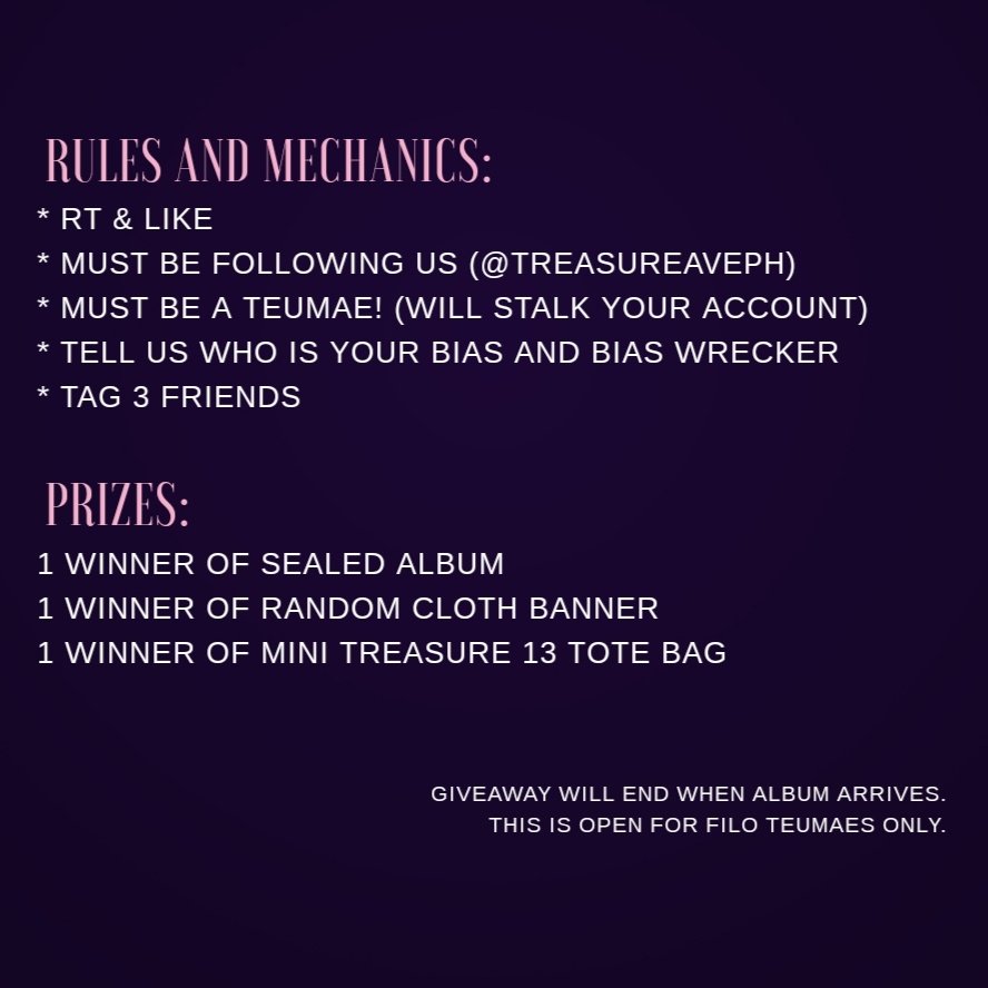 treasureaveph's tweet photo. Hello Teumaes! Y'all might want to join our Treasure Debut Giveaway! Please see photos for rules and mechanics. 💎🥳

1 winner of sealed Treasure Debut Album
1 winner of random Cloth Banner
1 winner of mini Treasure 13 Tote Bag

ᵂⁱⁿⁿᵉʳˢ ᵐᵘˢᵗ ᵇᵉ ˢʰᵒᵘˡᵈᵉʳ ᵗʰᵉ ˢᶠ. https://t.co/7ui0LHij0U
